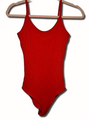 Zara Red Ribbed Spaghetti-Strap Bodysuit